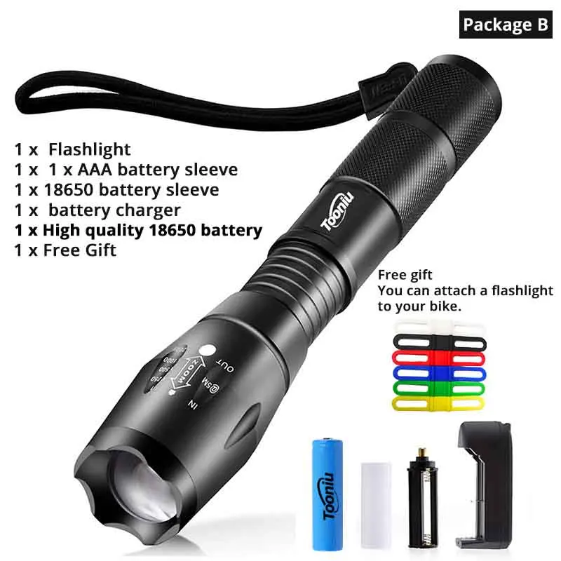 Package B Большая Акция Ultra Bright CREE xm-l T6 светодиодный фонарик 5 режимов 4000 люмен Масштабируемые светодиодный фонарик 18650 Батарея+ Зарядное устройство+ клип - Испускаемый цвет: Package B