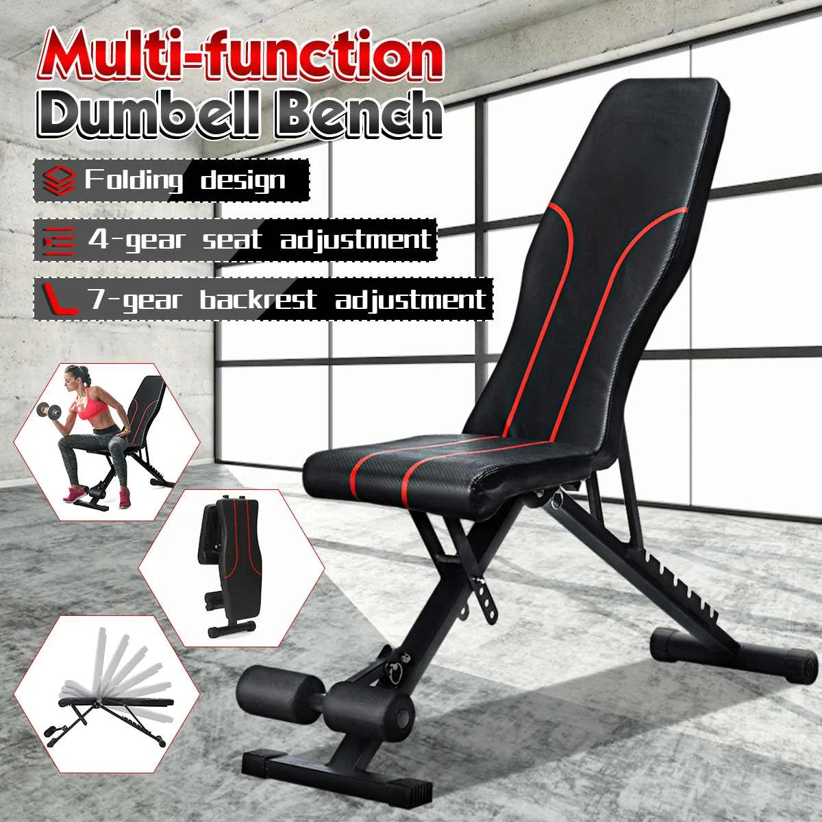 

New Foldable Dumbbell Bench 7 Gear Backrest Sit Up AB Abdominal Multifunctional Fitness Bench Weight Training Equipment Rollers