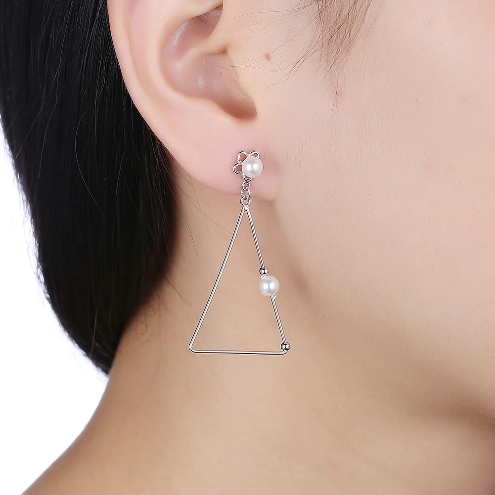 

SILVERHOO 925 Sterling Silver Drop Earring For Women Imitation Pearl Triangle Girl Earring Anniversary Simple Fine Jewelry Gift