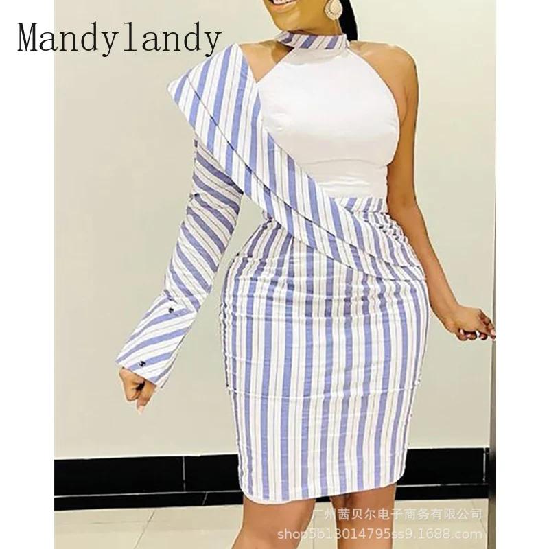 

Mandylandy Women's Elegant Stripe Patchwork Bodycon Dress Lady Autumn Long Sleeve One Shoulder Ruffle Slim Fit High Waist Dress