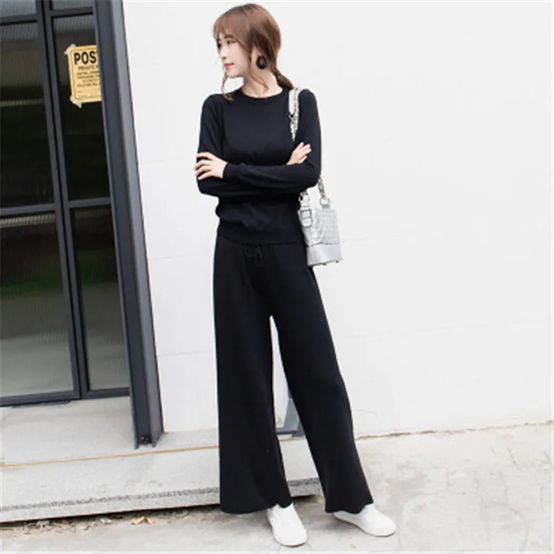 

CBAFU spring autumn women pants suit knitted 2 piece set long sleeve sweater wide legs pants trousers warm women tracksuit F716