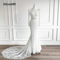 elegant lace mermaid wedding dress2022 o neck long sleeves court train luxury belt bridal gown custom made white formal wear