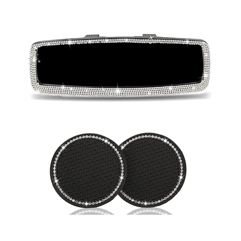 

Bling Car Rear View Mirror Rhinestone & Car Cup Holder Coasters Decorations Interior Accessories for Women ,3PCS