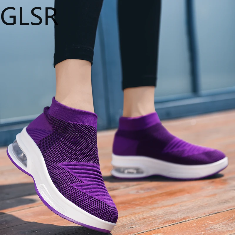 

High Top Sock Sneakers Women Ankle Boots Flat Sock Shoes Womens Vulcanized Shoes Slip on Sneakers Air Cushion Wedge Gift