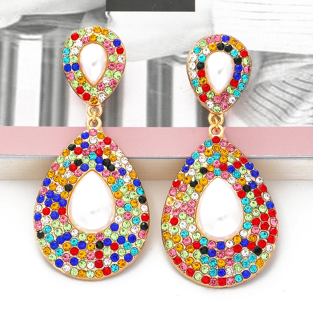 

Wholesale Geometric Dangle Earrings Women 2021 Rhinestone New Rainbow Classic Pearl Hanging Earrings Jewelry Dropshipping
