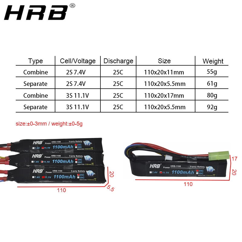 Аккумулятор HRB Akku mini airsoft 1100 мАч Lipo 3S 2S 7 4 В 11 1 25C разъем Tamiya для пневматического