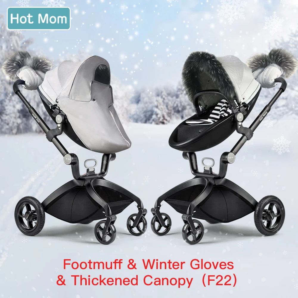 Hot Mom F22 Stroller Accessories Winter Outkit with Footmuff & Fur Gloves and Thickened Canopy