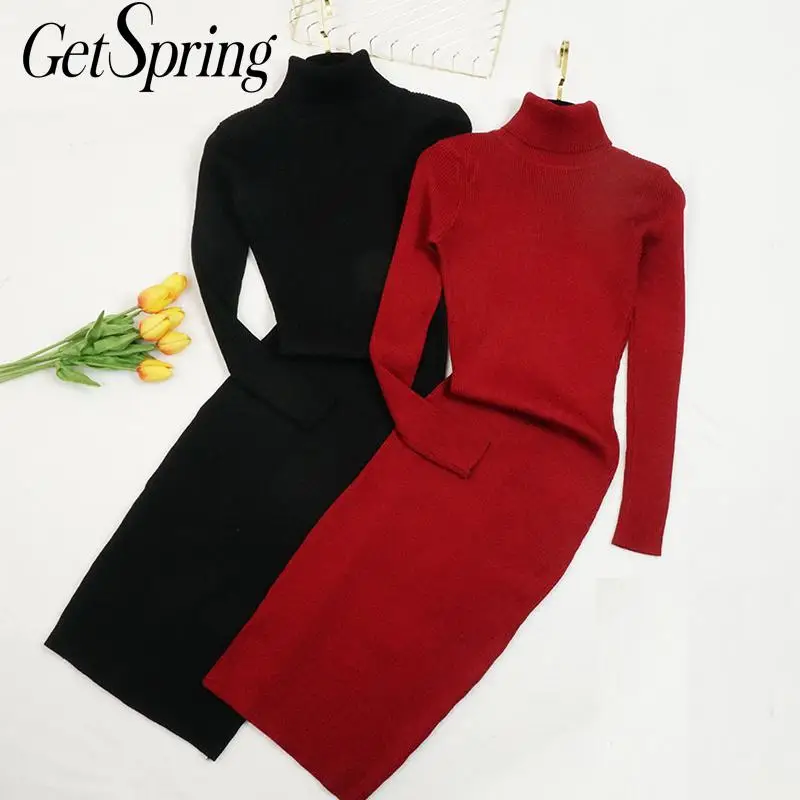 GetSpring женское трикотажное платье с длинным рукавом черные длинные платья свитеры