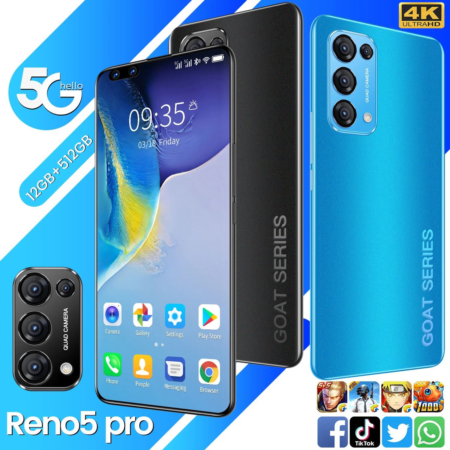 

Reno5Pro 7.3" Global Version Smartphone Full Screen 5000 MAh 12+512GB 16+28MP Dual SIM Dual Standby With GPS 5G Mobile Phone