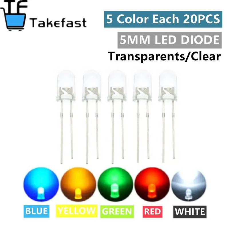 100 шт./лот прозрачные круглые 5 мм супер яркие зеленые красные белые желтые синие