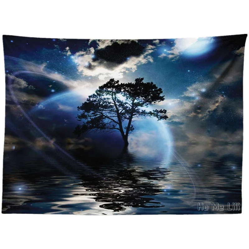 

Water Night View Dark Clouds Stars Moonlight Skylights Rays Tree Reflection On Sea By Ho Me Lili Tapestry For Room Dorm