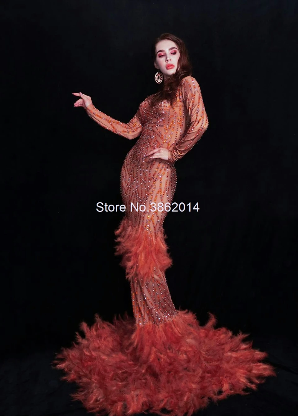 High Fashion Sparkly Rhinestones Feather Dress Full Stones Long Tail Women Evening Prom Birthday Celebrate Party Dresses | Женская