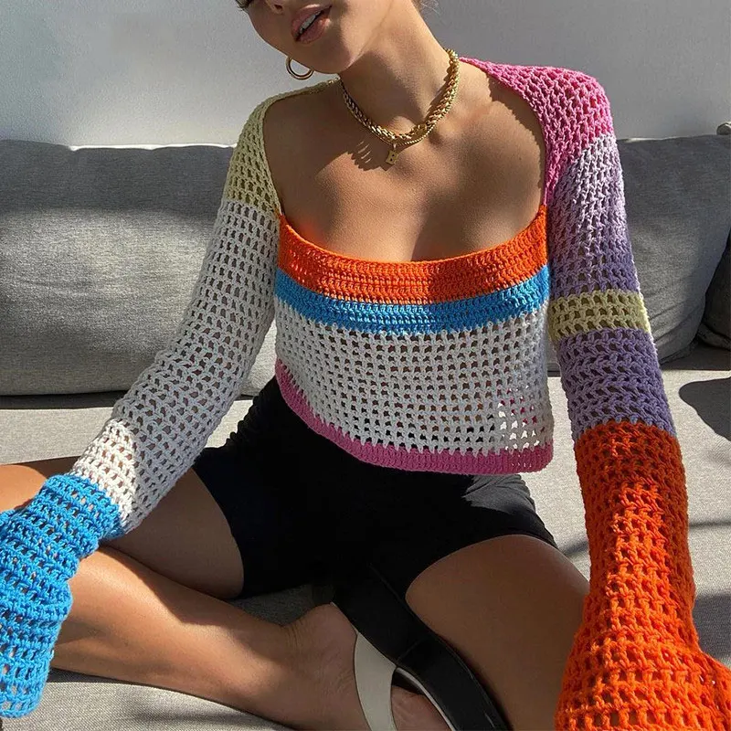

Y2K Knitted Top Women Beach Crop Top Long Sleeve Autumn Summer Patchwork Vintage Casual Crop Top T Shirt Sexy Fashion