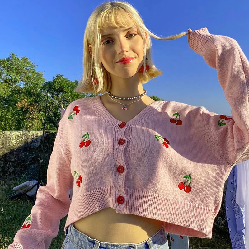 

New Women Long Sleeve Knitted Sweaters Autumn Sweater Tunic Tops Kawaii Pink White Cherry Embroidery Knitting Cardigan For Girls