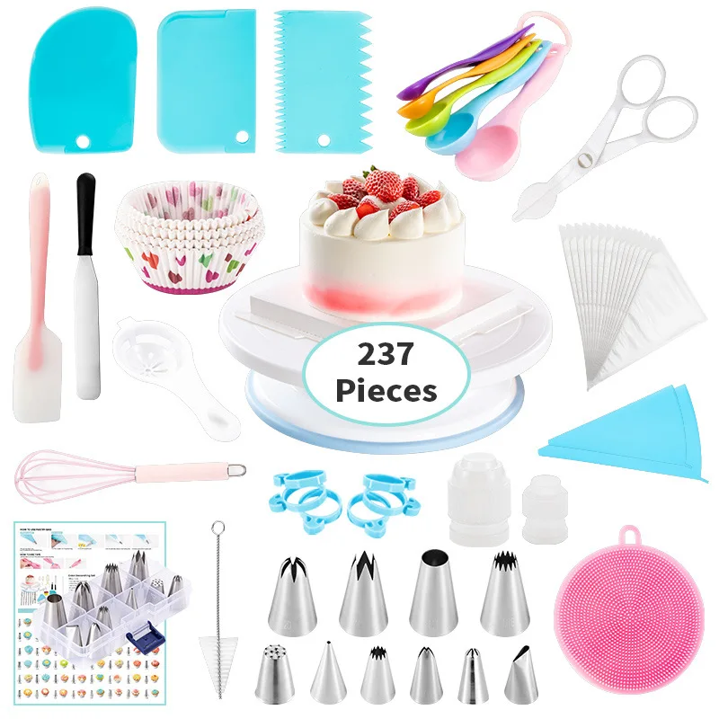 

Baking Set 237 Pcs Cake Decorating Tools Non-slip Turntable Nozzle Pastry Bag Spatula Eggbeater Measuring Spoon Converter Etc