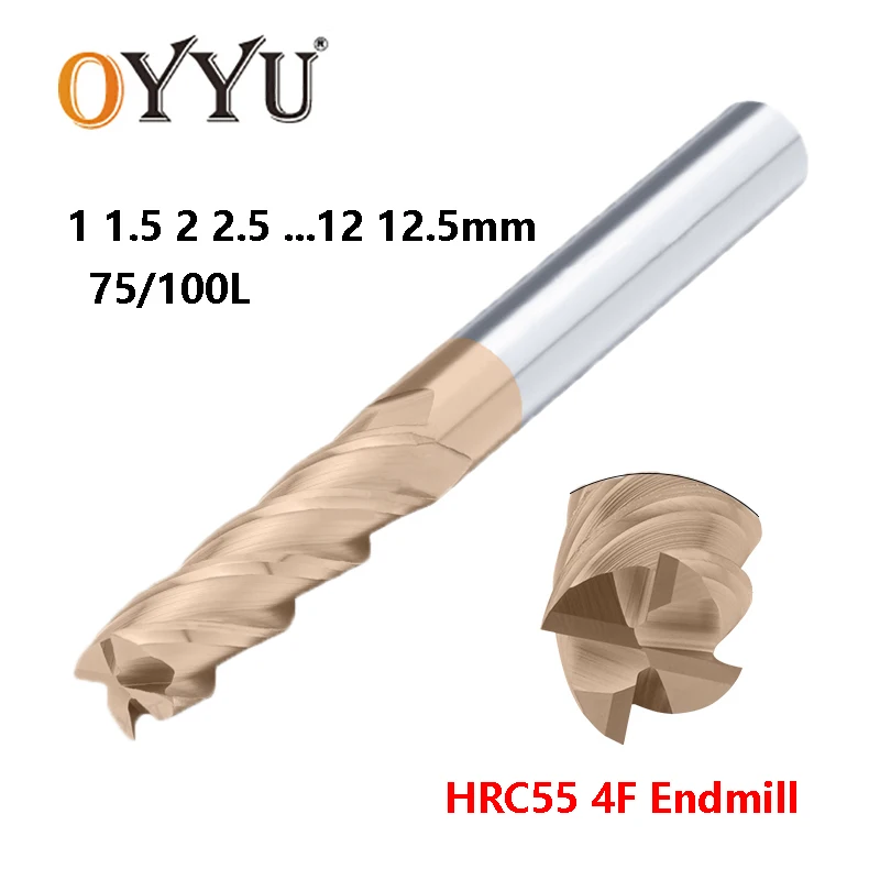 

OYYU HRC55 4 Flute Carbide Lengthen End Mills 75 100 Long CNC Milling Cutter 1mm 1.5mm 2mm 2.5mm Tungsten Steel Endmill