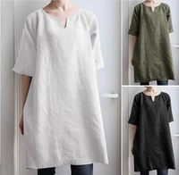 womens round neck short sleeved solid color cotton and linen series over the knee skirt