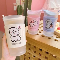 450ml cute breakfast cup with spoon and lid frosted glass water cup portable non slip mugs coffee milk drinking cups