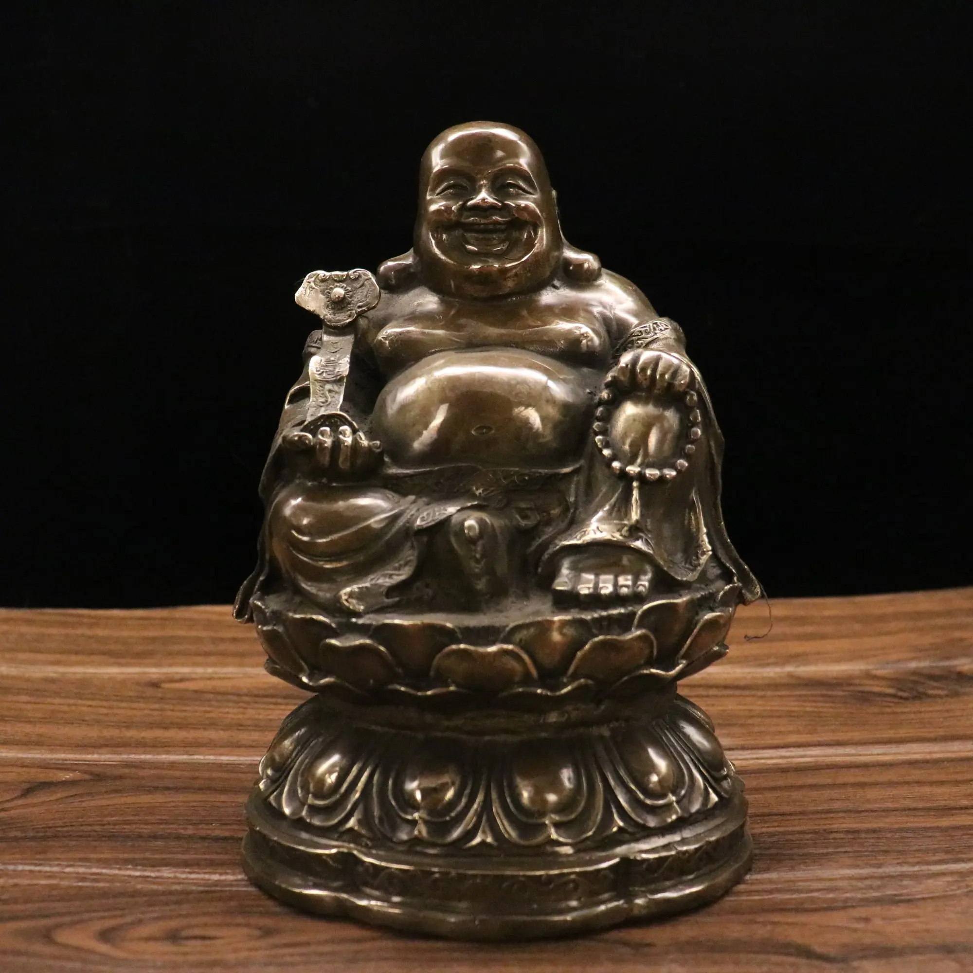 

10"Tibetan Temple Collection Old Bronze Ruyi Buddha Maitreya Back light Sitting Buddha Enshrine the Buddha Town House Exorcism