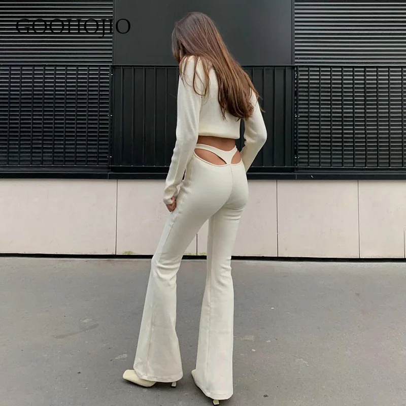 

GOOHOJIO 2021 Spring Autumn New Casual Pants ​women High Waist Fashionable Trouser for Ladies ​Sexy Hollow Women Boot Cut Pants