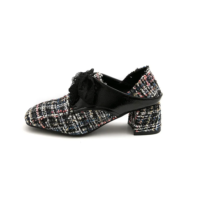 

Fanyuan Lace Up Heels Women Mixed Colors Spring Summer Casual Plus Size Pumps Flock Office Shoes Woman Butterfiy Knot Size 30-45