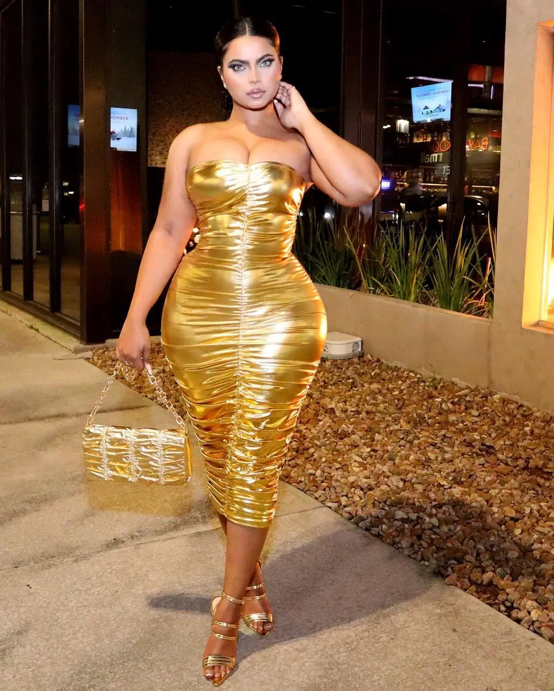 

SKMY Off The Shoulder Strapless Midi Dress Solid Color Red Gold Sexy Bodycon Ruched Dress Party Club Outfits For Women