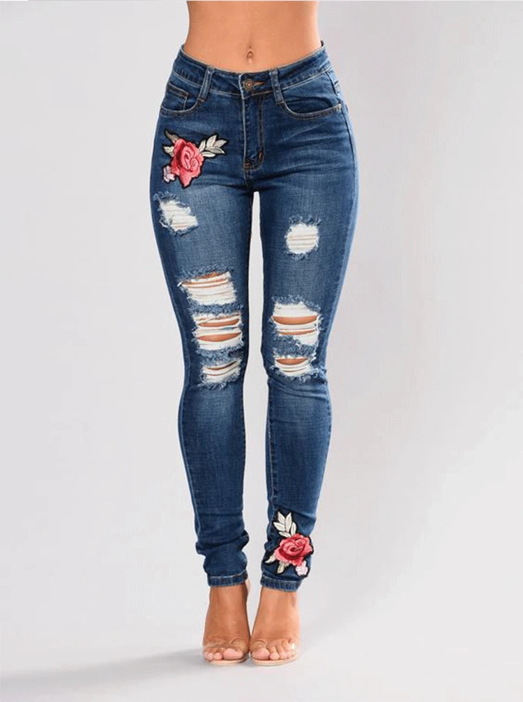 

Women Denim Hole Pants Slim Jeans Female Fashion Elastic push up Pencil Frayed Elasticity Pant Embroidered ripped jeans trousers