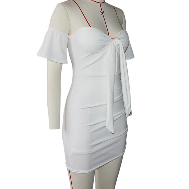 

Off Shoulder Sexy Ruched Summer Dress Women Bow Knot Backless Mini Dress