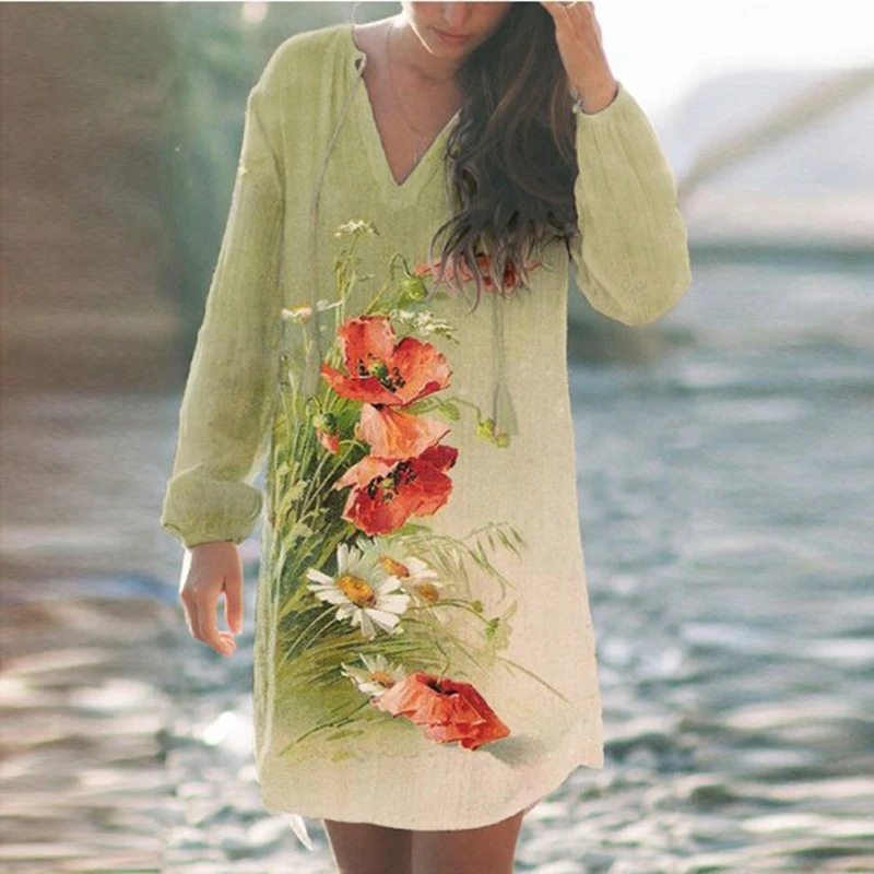 2021 Autumn Winter Women Mid-length Dress Elegant V-neck Long Sleeve Printed Loose Plus Size Ladies Casual Dresses Vestido | Женская