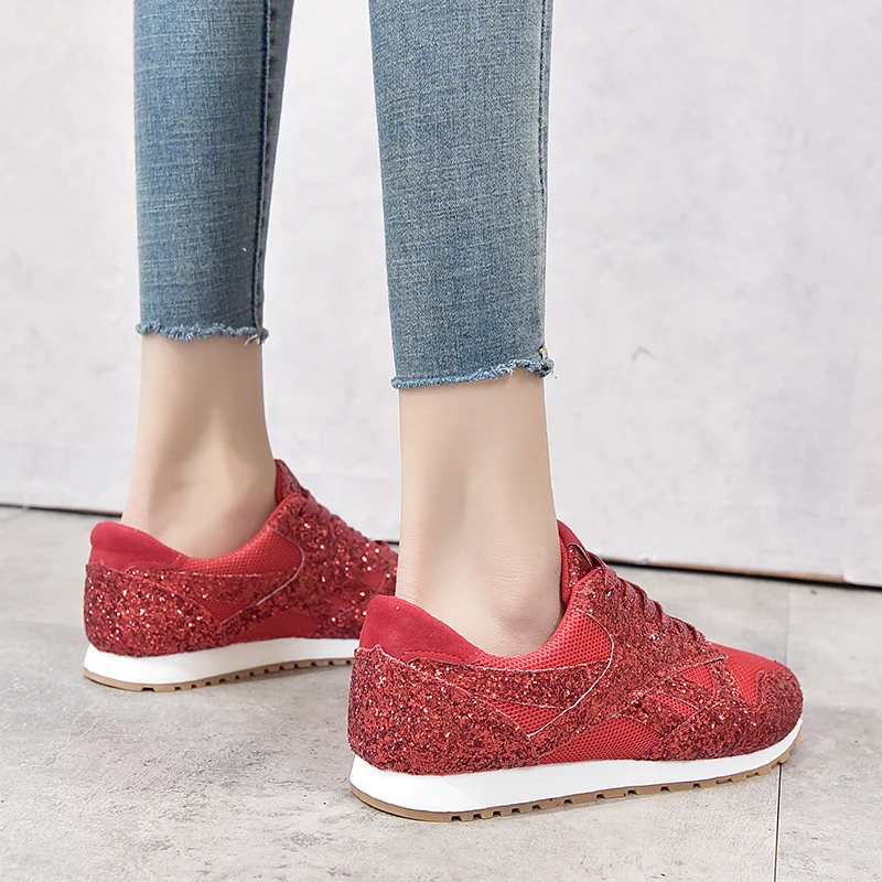 

Casual Female Chunky Sneakers Comfortable Breathable Mesh Women Trainers Lace-Up Sequin Shoes Black Rubber Sole Vulcanize Shoes