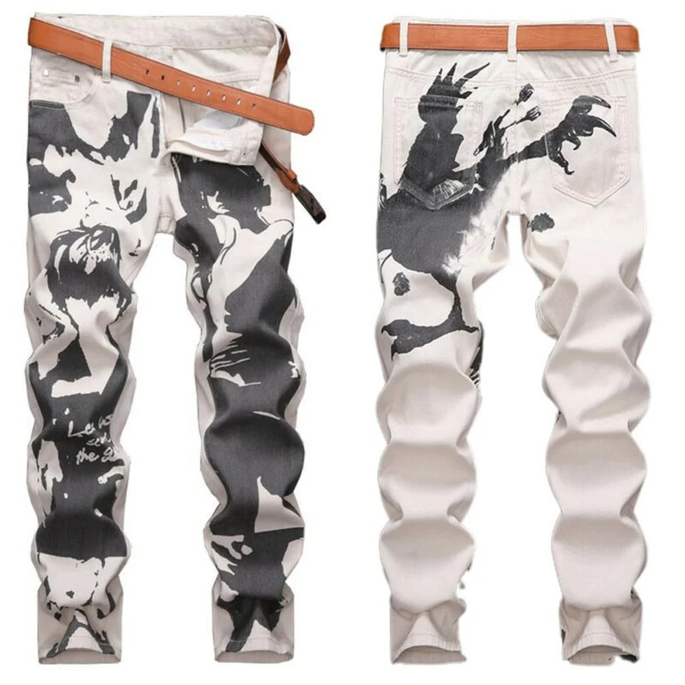 

Men Printed Denim Trousers Casual Skinny Slim Fit Long Pants Bottoms Jeans UK