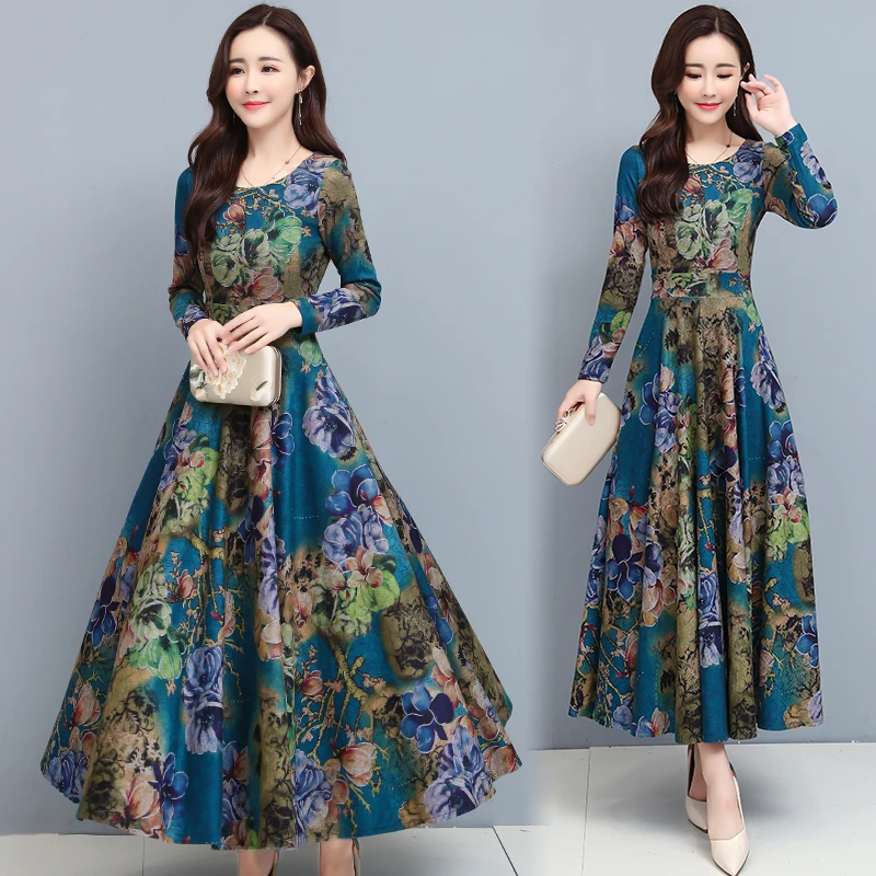 

2021 4XL Plus Size Print Floral Vintage Long Dress Spring Autumn Classy Women Bodycon Knit Warm Party Dress Runway Maxi Vestido