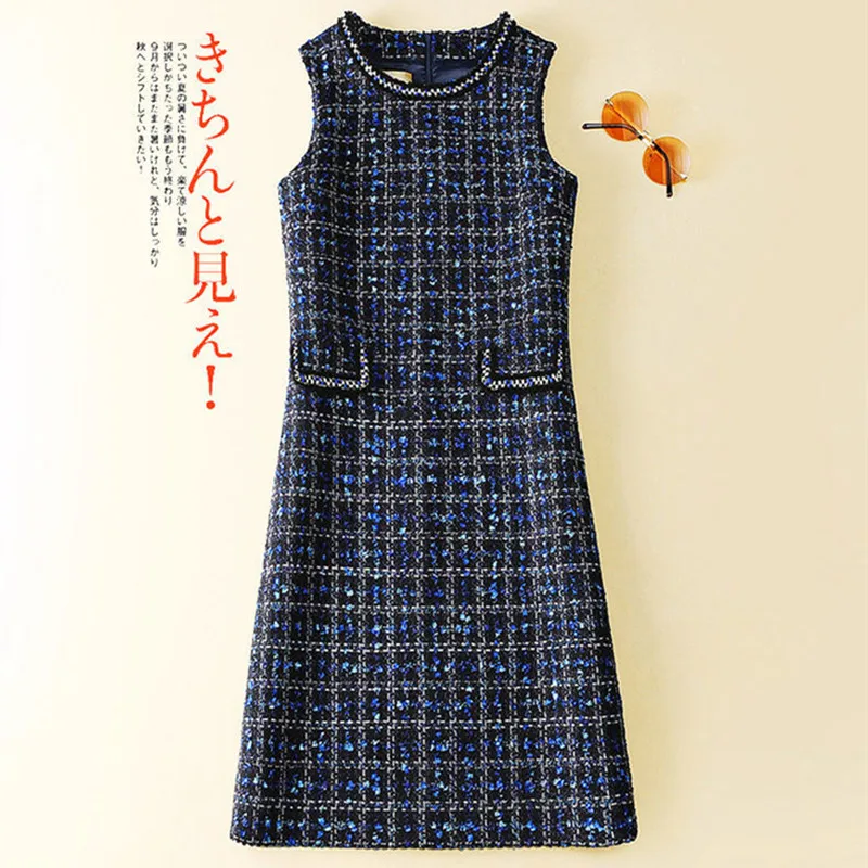 

Bright silk blended tweed wool vest dress 2022 spring autumn fashion retro check navy blue A-line mini sleeveless dress women