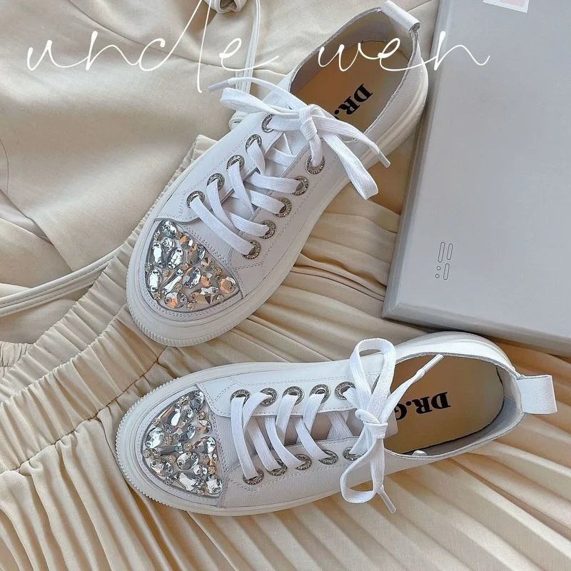 HOUZHOU Women's Flat Shoes PU White Sneakers 2021 Fashion Autumn Rhinestone Luxury Tennis Female Casual