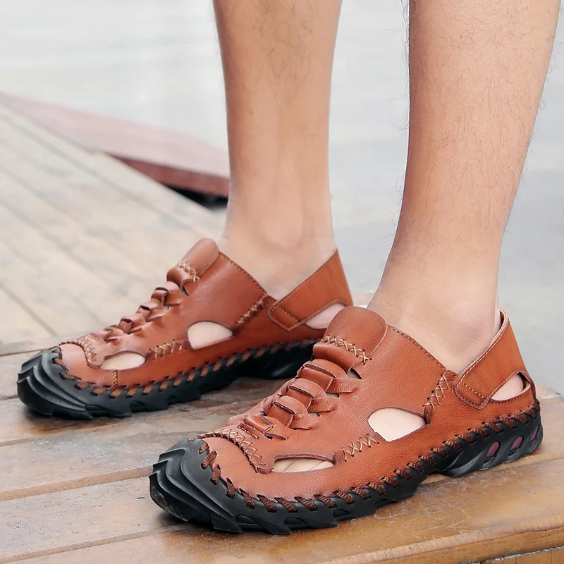

Genuine Leather Sandals Men Shoes handmade sewing Cow Leather Men Sandals Summer Sandal breathable Shoes Male Chaussure Homme
