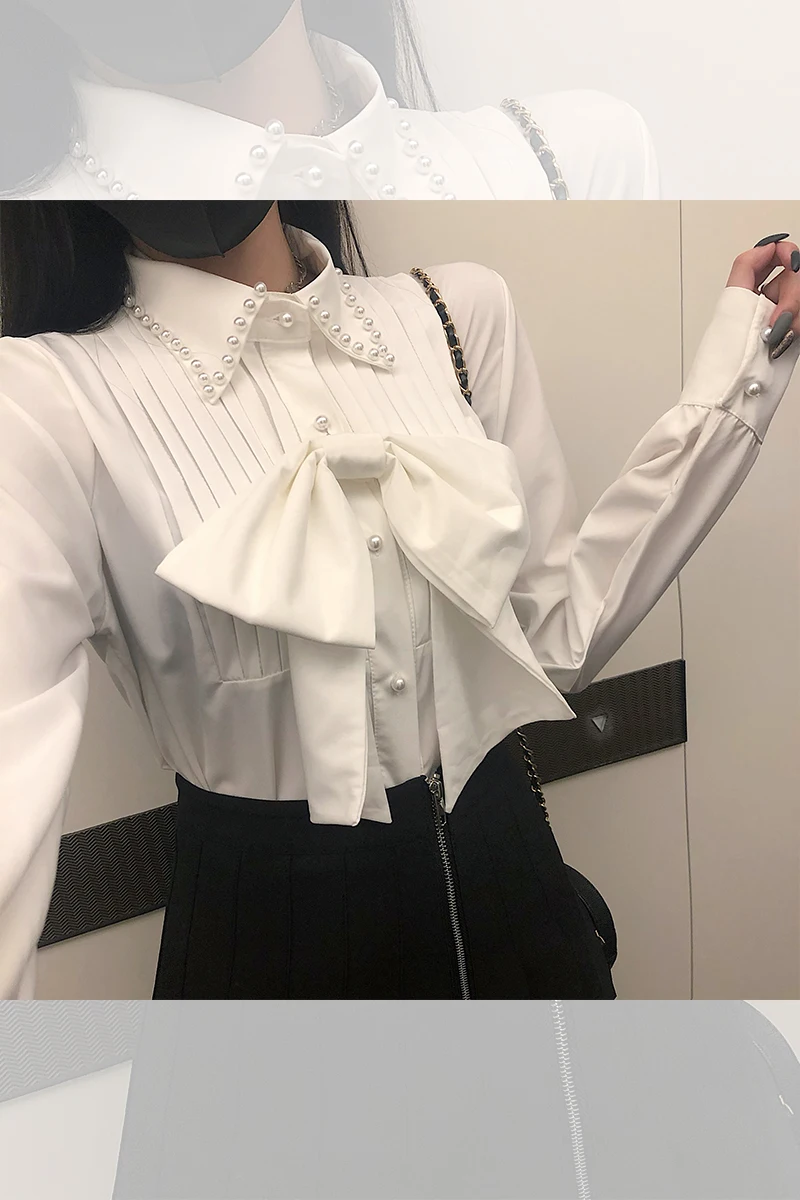 

2021 Big Bow Pearl Decoration Turn-down Collar Shirt Top Elegant White Blouse Women Casual Smooth Fashion Clothes
