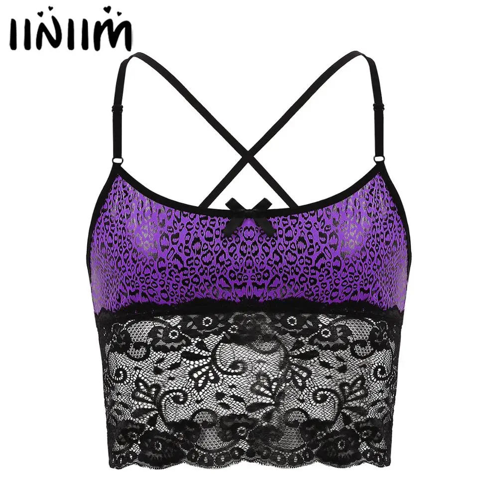 

iiniim Mens Male Exotic Leopard Printed Cross Back Lace Spliced Camisole Vest Sissy Lingerie Crop Tops Nightwear Sleepwear