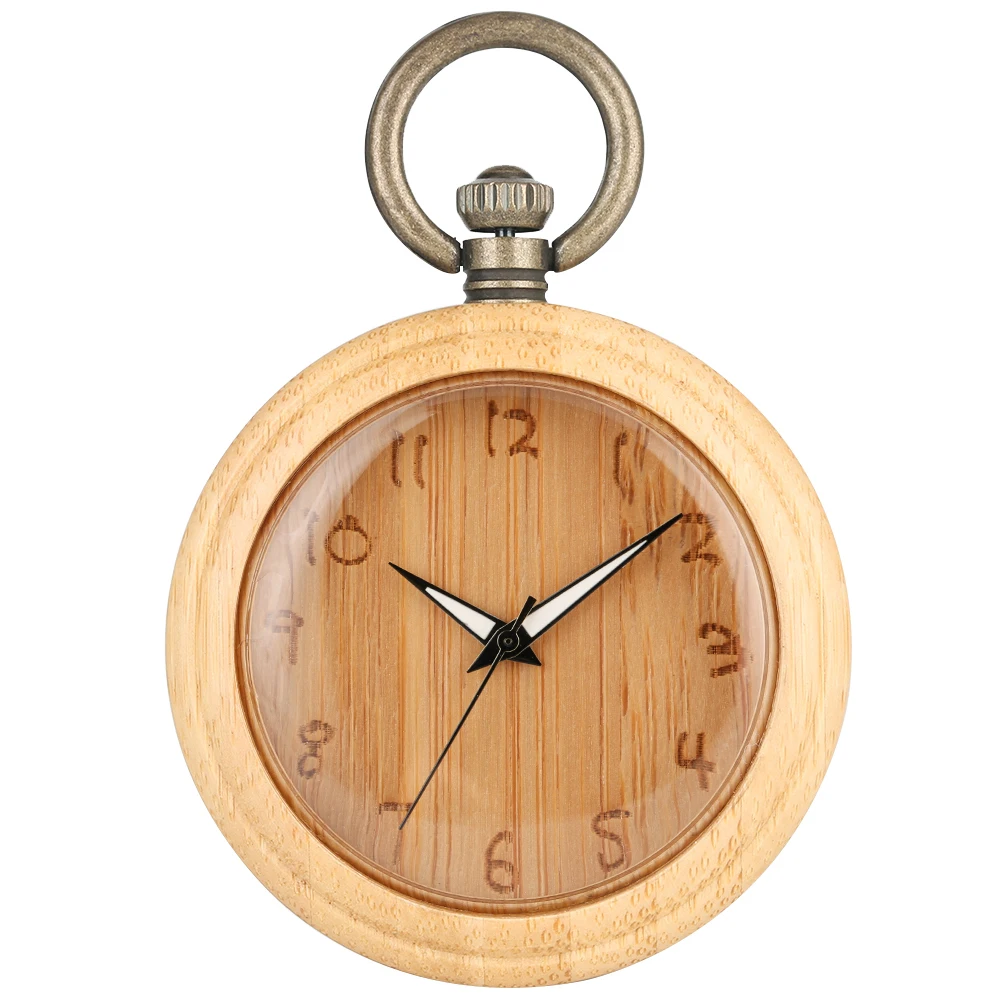 Выразительные бамбуковые карманные часы с резным циферблатом и цепочкой женские