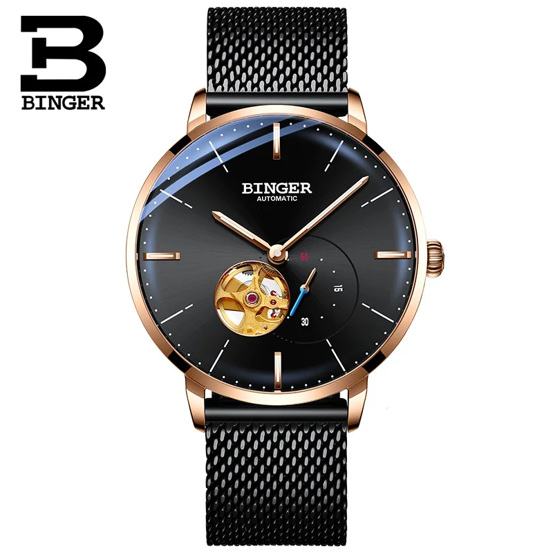 Black Rose gold Switzerland BINGER 8 мм ультратонкие автоматические механические часы мужские брендовые Роскошные мужские часы сапфировые наручные часы мужские водонепроницаемые - Цвет: Black Rose gold