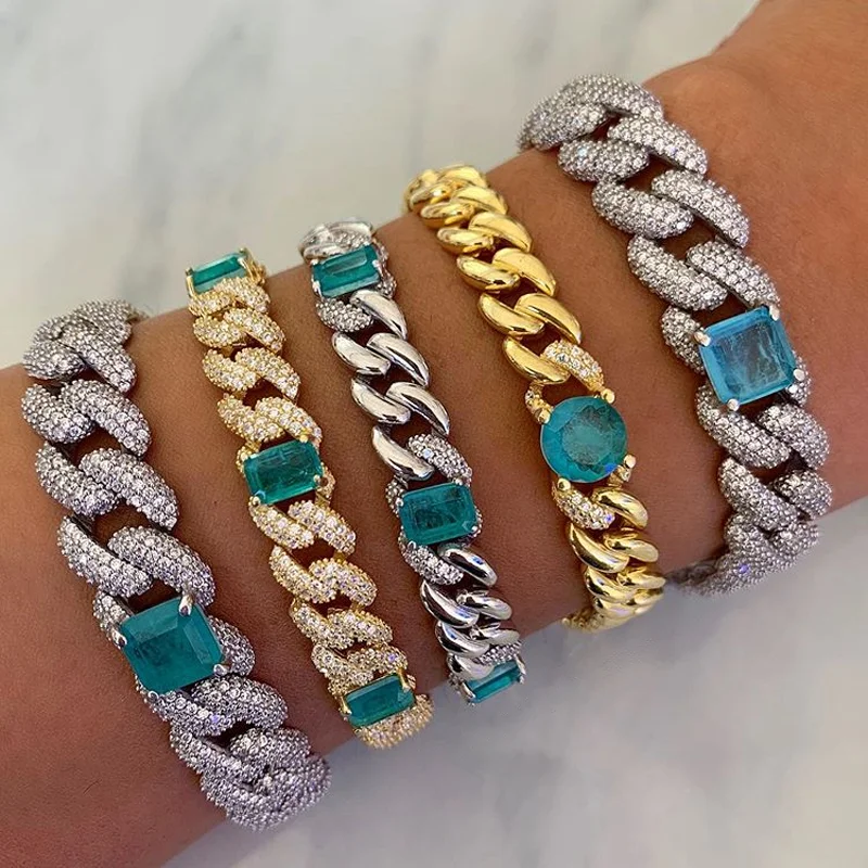 

wholesale iced out bling 5a cz cuban link chain square big green cubic zirconia paved 14mm triple row cuban chain women bracelet