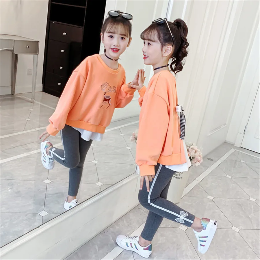 

Spring Autumn Fashion Cotton Bow Solid Teen Girls Cothes Sets O - Neck Pullover Kids Girl Coat + Pants 2 Pcs Kids Clothing Suit