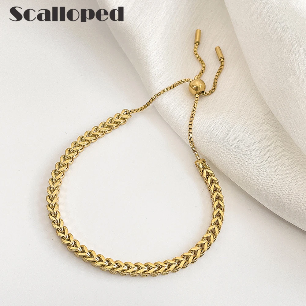 

SCALLOPED Vintage Luxurious Pull Braided Stainless Steel Bracelets High Quality Adjustable Keel Chain Women Fine Jewellery