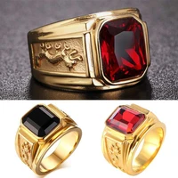 hip hop mens red and black square crystal ring with gold color dragon rhinestone zircon for wedding engagement fashion jewelry