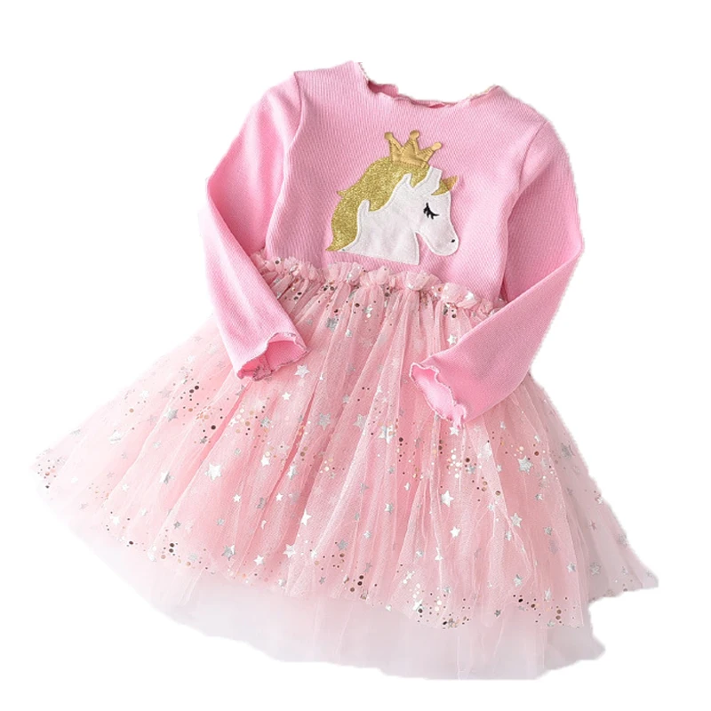 

New Arrival Girls Dress 2020 Spring Autumn Fashion Cartoon Unicorn Starry Sky Long Sleeve A-line Skirt Children Princess Dress