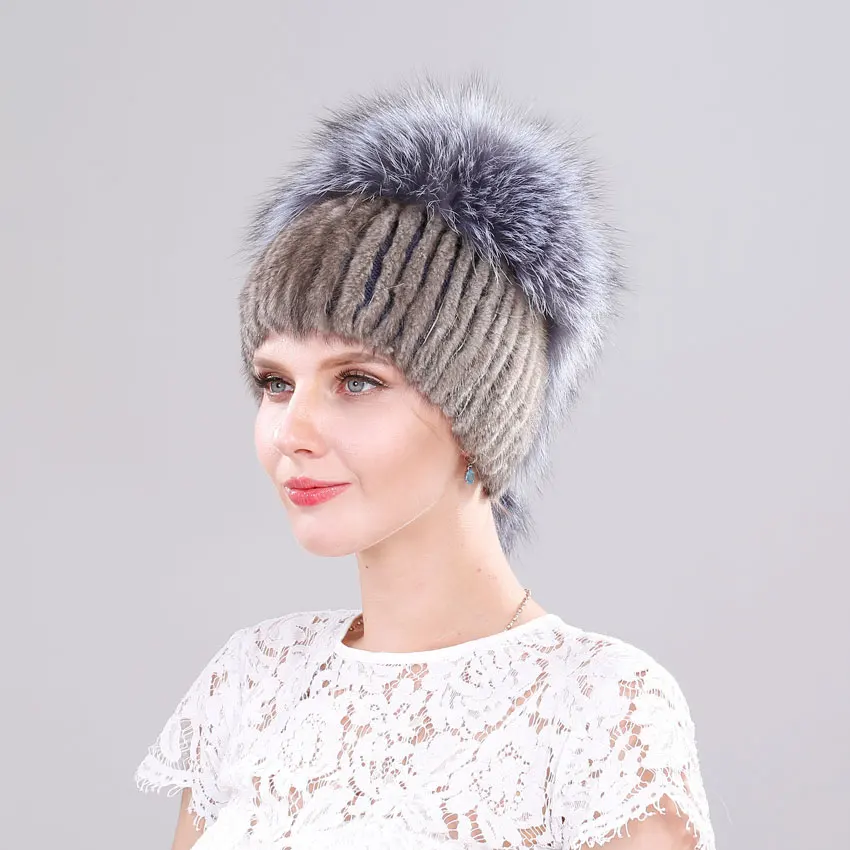 

Mink Fur Women's Knitted Hats with Fox Fur PomPom Top Real Natural Fur Warm Snowboard Fall Beanies Genuine Fur Cap for Winter