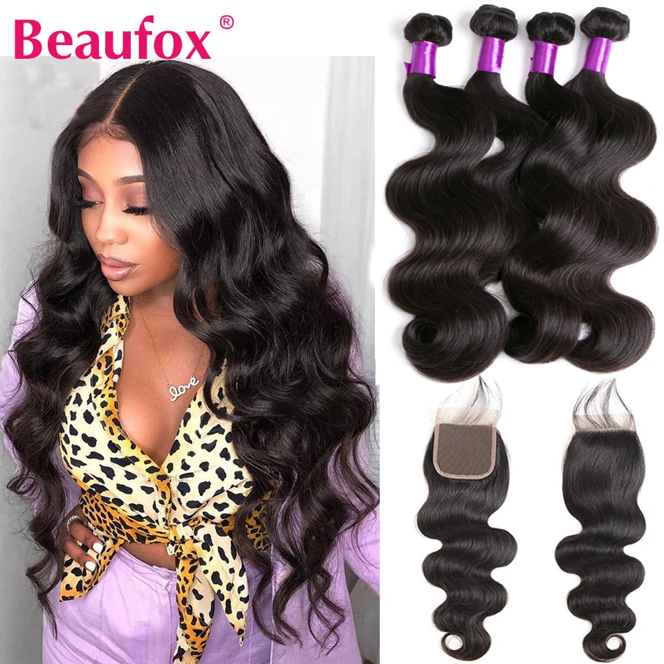Beaufox бразильские волнистые волосы пряди с закрытием 100% человеческие Remy двойной