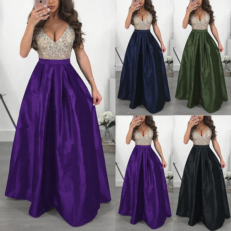 Elegant Sequin Formal Evening Party Dress Women A Line Long Occasion Dresses Vestido De Festa V Neck Sleveless Lady Prom Gowns |