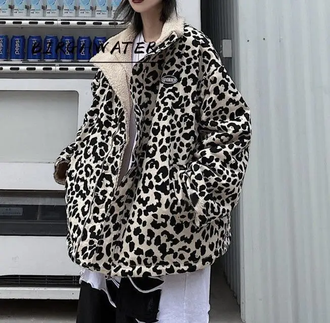 

Leopard Print Women Fleece Jackets Motorcycle Jacket Faux Lamb Fur Kawaii Coat Teddy Fur Coat Fleece Parkas Cropped Stripeed