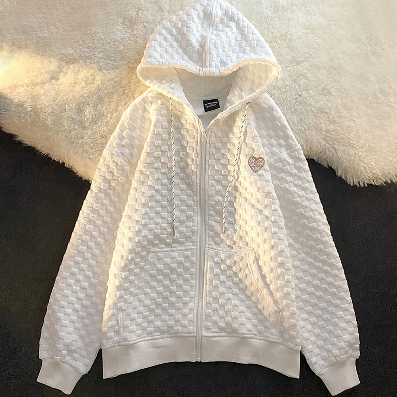 

Waffle Zipper Cardigan Hoodie Woman Simple Solid Long-Sleeved Women Hoodie Coat Loose Casual Autumn Women's Sweatshirts Clothes