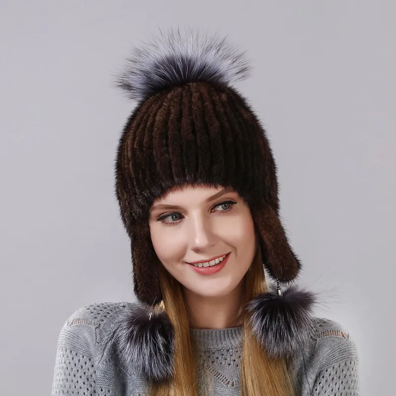 winter woman's mink Fur Thick hat new hat to protect the ears of mink and fox handmade ski fur cap preparation of warm